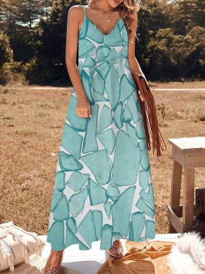 Teal Sea Glass Nautical Print Maxi Dress for Women Summer Casual Sleeveless V Neck Spaghetti Dresses
