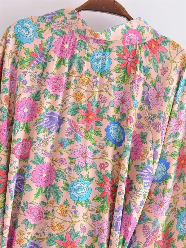Women Pink Floral Print Beach Bohemian Dresses Mini Dresses Summer Rayon Happie Dress Robe Vestidos
