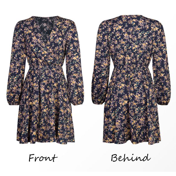 Women Floral Ruffle Summer Dress Surplice V Neck Long Peasant Sleeve Elastic Waist Flowy Casual Holiday Mini Dress