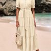 Women's Summer Midi Dress 2025 Casual Short Sleeve V Neck Buttons Belted Ruffle A Line Flowy Dress with Pockets