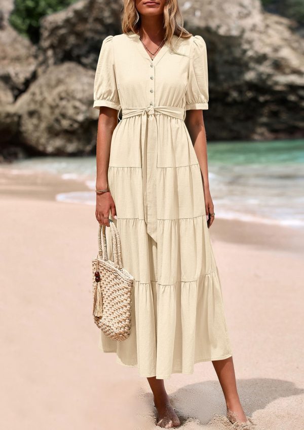 Women's Summer Midi Dress 2025 Casual Short Sleeve V Neck Buttons Belted Ruffle A Line Flowy Dress with Pockets