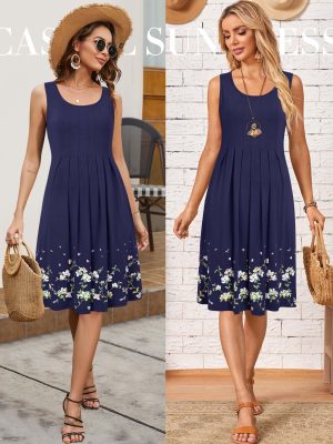 Womens Summer Dresses 2025 Casual Pleated Floral A-line Tank Sundress Beach Vacation Cruise Outfits