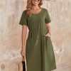 Womens Summer Midi Dress Casual Short Sleeve A-Line Cotton Linen Dress Flowly Beach Tunic Sundresses with Pockets 2025