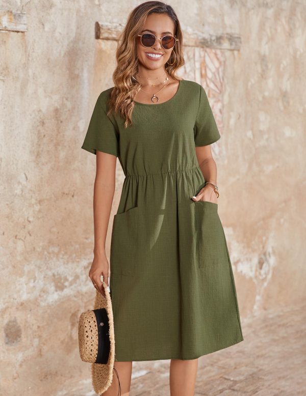 Womens Summer Midi Dress Casual Short Sleeve A-Line Cotton Linen Dress Flowly Beach Tunic Sundresses with Pockets 2025