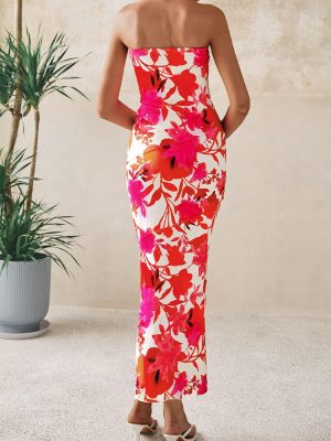 Women's 2025 Summer Floral Bodycon Maxi Dresses Ribbed Strapless Tube Casual Boho Party Long Dress