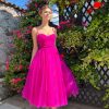 A line Ruched Tulle Prom Dress Spaghetti Straps for Women, Tea Length Sweetheart Homecoming Dress Cocktail Dress
