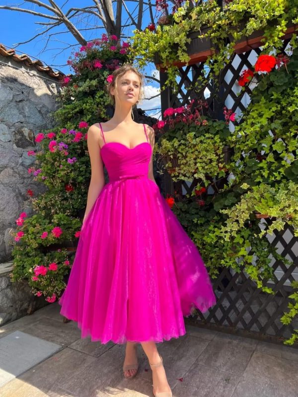 A line Ruched Tulle Prom Dress Spaghetti Straps for Women, Tea Length Sweetheart Homecoming Dress Cocktail Dress