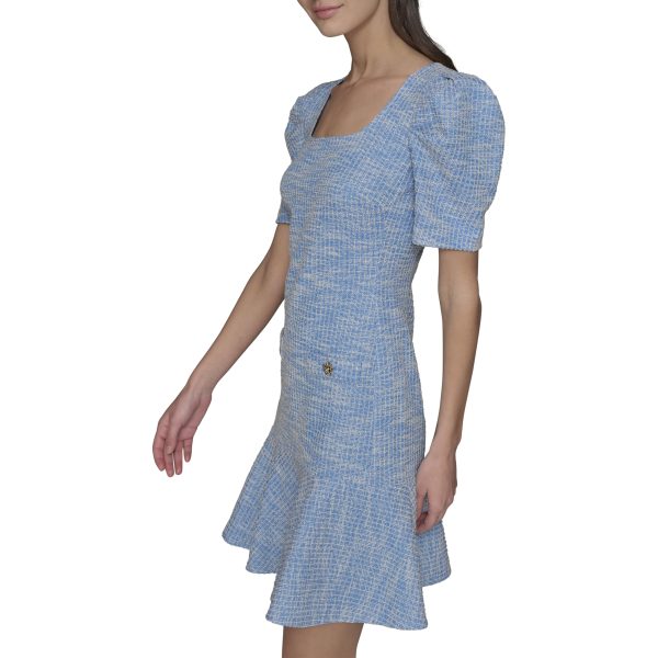 Women's Puff Sleeve Swaure Neck Flounce Tweed A-line Mini Dress