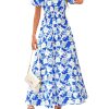 Womens Summer 2025 Casual Maxi Dresses Short Sleeve Smocked Tiered Floral Boho Long Beach Dress with Pockets