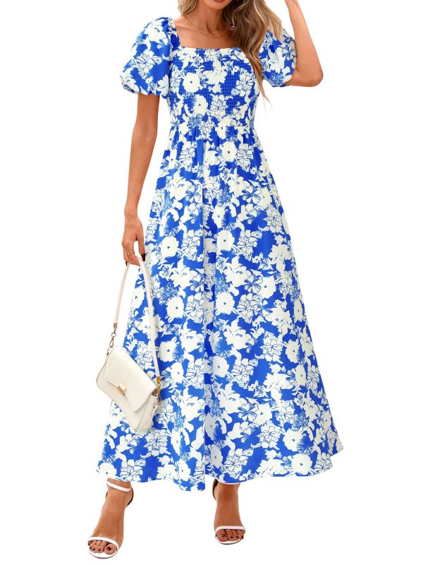 Womens Summer 2025 Casual Maxi Dresses Short Sleeve Smocked Tiered Floral Boho Long Beach Dress with Pockets