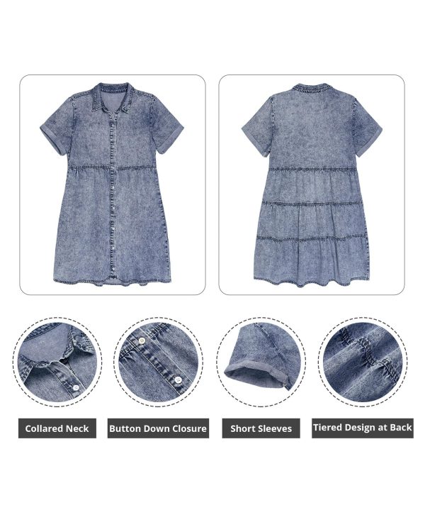 Denim Dress for Women Babydoll Tiered Short Sleeve Button Down Jean Shirt Dresses