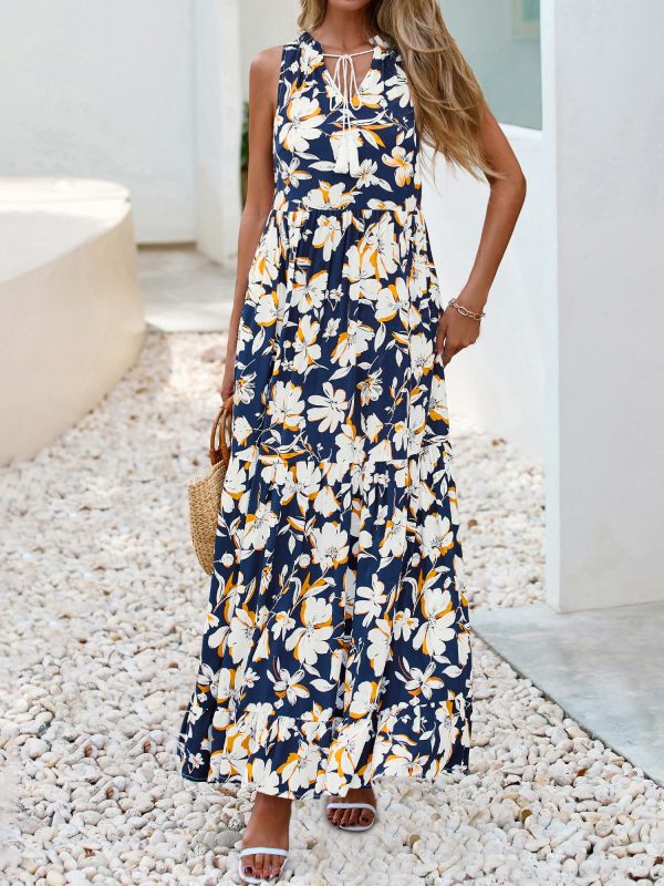 Womens Summer Maxi Dresses 2025 Casual Sleeveless V Neck Loose Fit Floral Boho Dress Beach Long Sundress