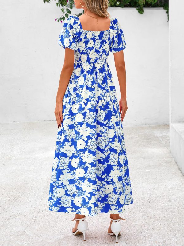Womens Summer 2025 Casual Maxi Dresses Short Sleeve Smocked Tiered Floral Boho Long Beach Dress with Pockets