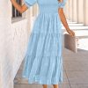 Women's 2025 Summer Casual Midi Dresses Square Neck Short Sleeve Smocked A Line Floral Flowy Elegant Boho Dress