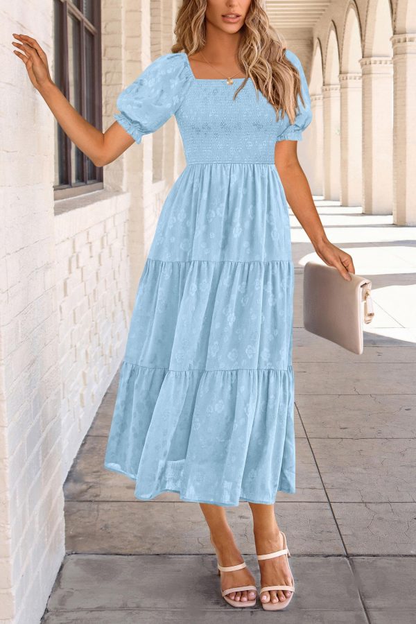 Women's 2025 Summer Casual Midi Dresses Square Neck Short Sleeve Smocked A Line Floral Flowy Elegant Boho Dress