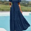 Womens Summer Puff Short Sleeve Maxi Dress Square Neck Smocked Tiered Ruffle A Line Long Flowy Beach Dresses
