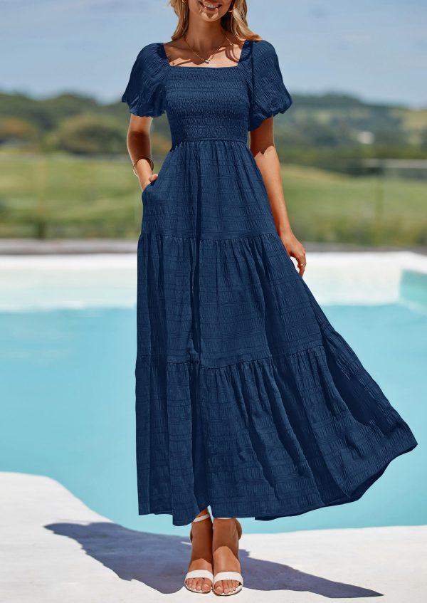 Womens Summer Puff Short Sleeve Maxi Dress Square Neck Smocked Tiered Ruffle A Line Long Flowy Beach Dresses