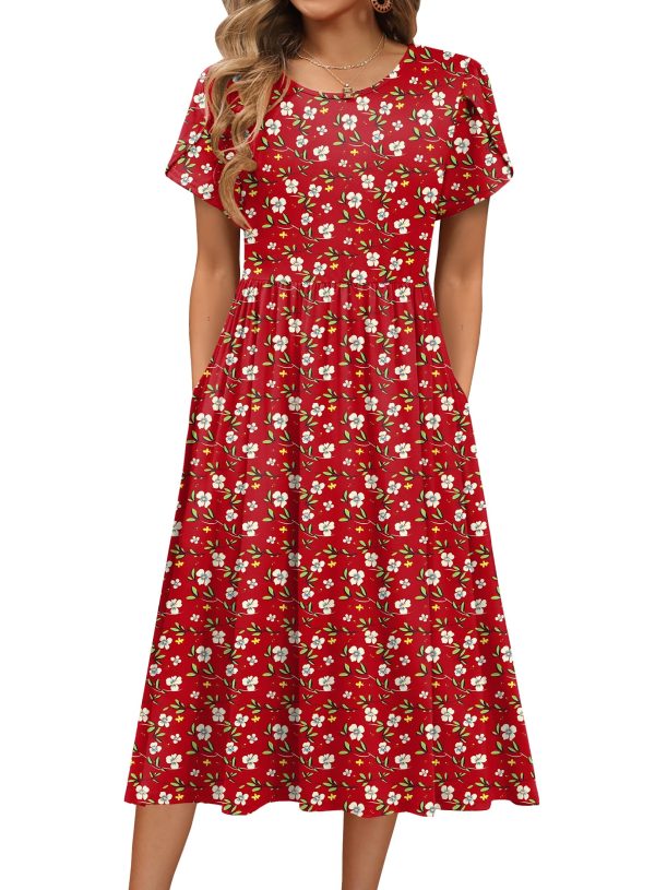 Women's Summer Short Sleeve A-Line Midi Dresses Casual Floral T-Shirt Dress Flowy Beach Sundress with Pockets
