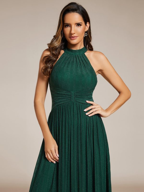 Women's Halter Neck Summer Formal Dresses Sleeveless Pletaed Floor Length Glitter Evening Dresses 41961