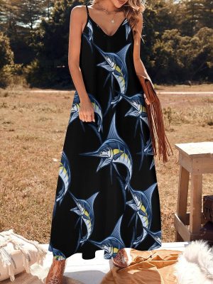 Marlin Fish Maxi Dress for Women Summer Casual Sleeveless V Neck Spaghetti Dresses