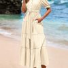 Women's Summer Midi Dress 2025 Casual Short Sleeve V Neck Buttons Belted Ruffle A Line Flowy Dress with Pockets