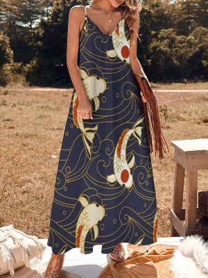 Japan Waves Fish Maxi Dress for Women Summer Casual Sleeveless V Neck Spaghetti Dresses