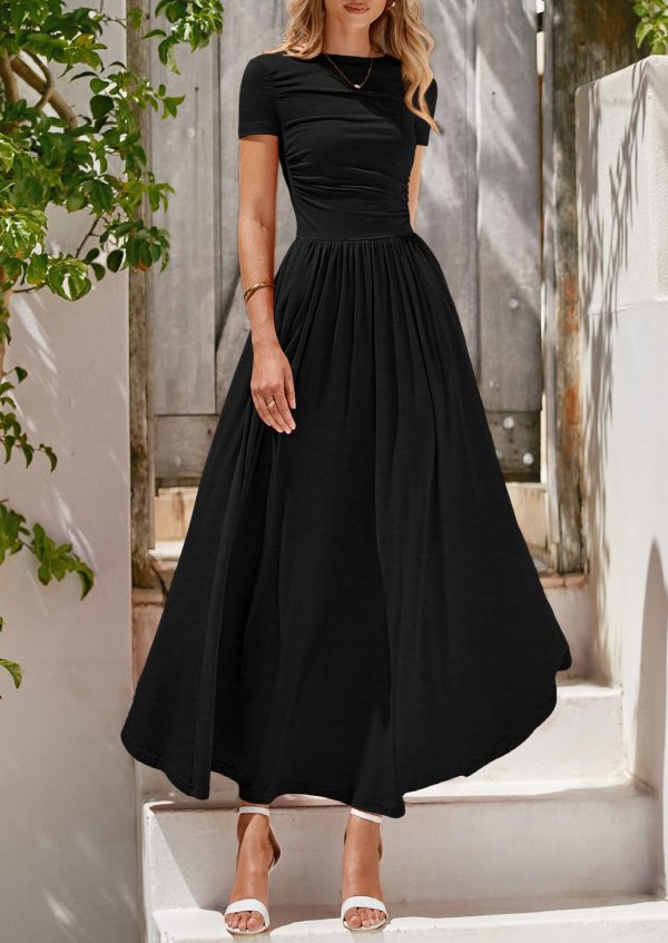 Women's Casual Dresses 2025 Summer Short Sleeve Ruched Patchwork A Line Pleated Swing Maxi Dress with Pockets