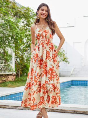 Women's 2025 Summer Maxi Dress Floral Tie Front Spaghetti Strap Casual Boho Beach Flowy Sundress with Pockets