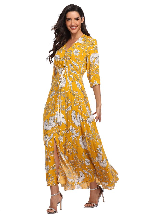 Summer Floral Print Maxi Dress Women Button Up Split Long Flowy Bohemian Beach Party Dresses