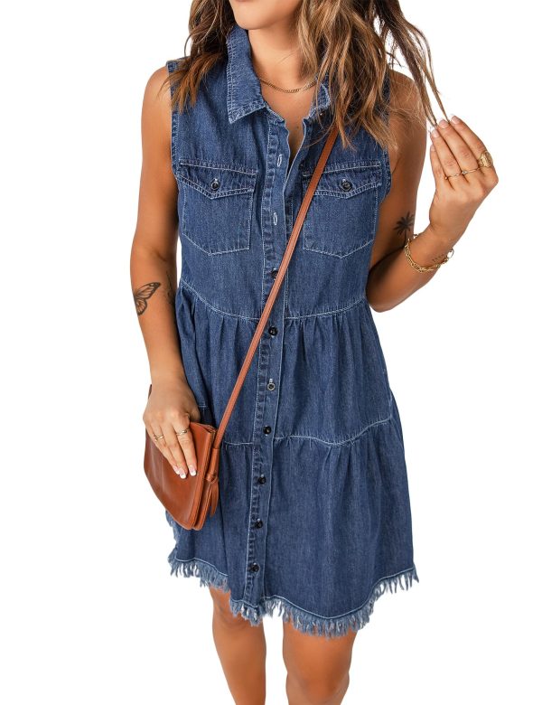 Women's Casual Summer Lapel Sleeveless Button Down Short Denim Jean Dress