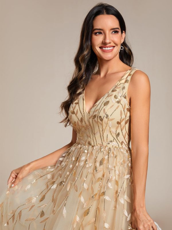 Women's A Line V Neck Open Back Sleeveless Ruched Sequin Knee Length Formal Dress 02106