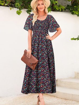 Womens Dresses 2025 Square Neck Tie Backless Summer Dresses Cap Sleeve Floral Buttoned Empire Waist Maxi Dress