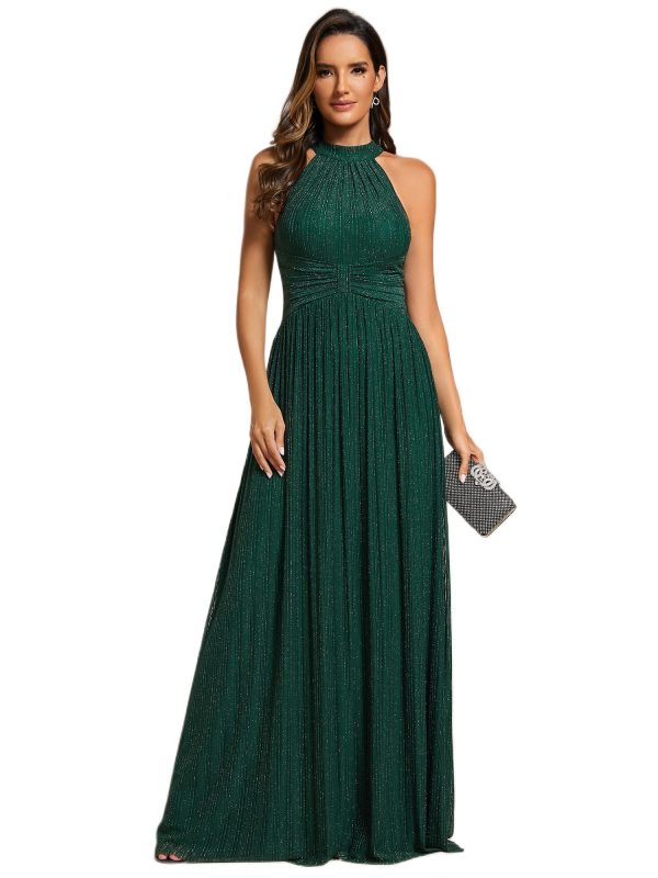 Women's Halter Neck Summer Formal Dresses Sleeveless Pletaed Floor Length Glitter Evening Dresses 41961