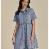 Denim Dress for Women Babydoll Tiered Short Sleeve Button Down Jean Shirt Dresses