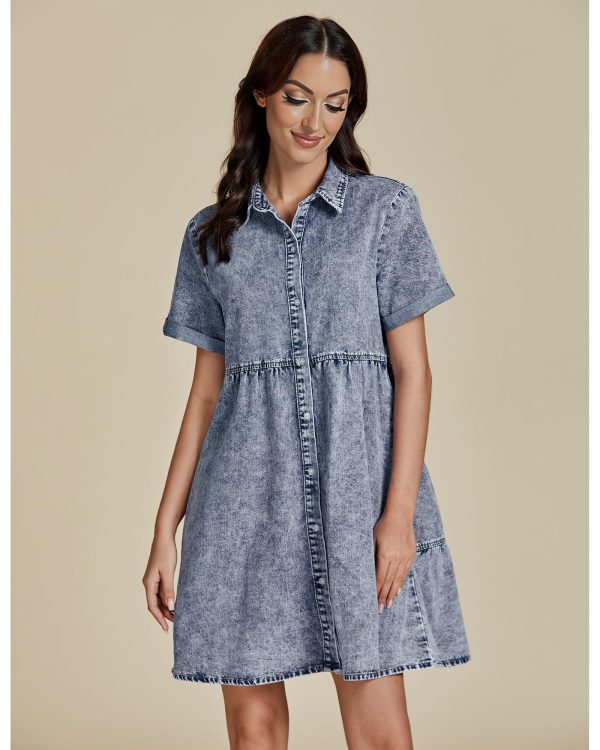 Denim Dress for Women Babydoll Tiered Short Sleeve Button Down Jean Shirt Dresses