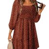 Spring Dresses for Women 2025 Boho Floral Square Neck Smocked 3/4 Sleeve Casual A-Line Swing Mini Dress Sundress