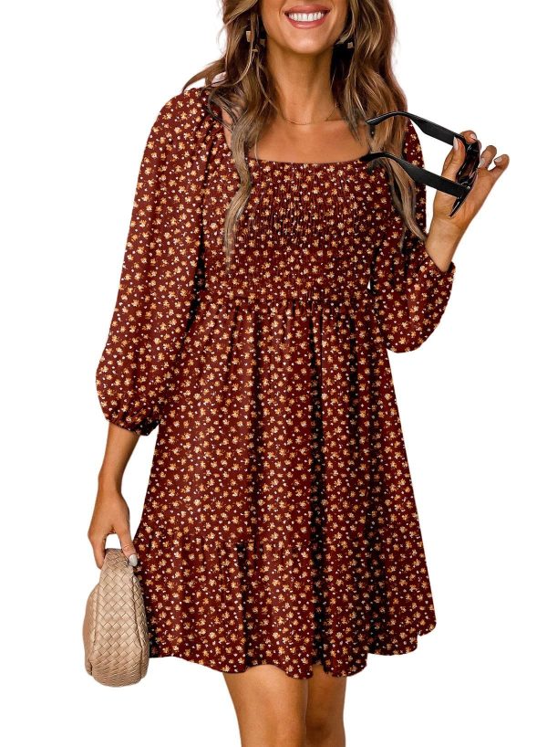 Spring Dresses for Women 2025 Boho Floral Square Neck Smocked 3/4 Sleeve Casual A-Line Swing Mini Dress Sundress