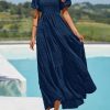 Womens Summer Puff Short Sleeve Maxi Dress Square Neck Smocked Tiered Ruffle A Line Long Flowy Beach Dresses