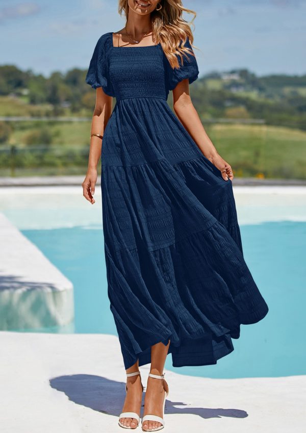 Womens Summer Puff Short Sleeve Maxi Dress Square Neck Smocked Tiered Ruffle A Line Long Flowy Beach Dresses
