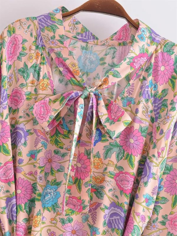 Women Pink Floral Print Beach Bohemian Dresses Mini Dresses Summer Rayon Happie Dress Robe Vestidos