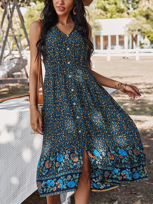 Women Dress Summer Sleeveless Bohemian: Floral V Neck Button Down Flowy Boho Dresses S-XL