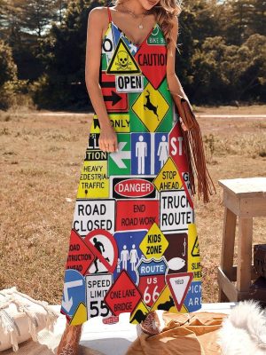 Road Traffic Sign Maxi Dress for Women Summer Casual Sleeveless V Neck Spaghetti Dresses
