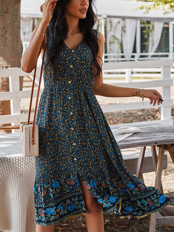 Women Dress Summer Sleeveless Bohemian: Floral V Neck Button Down Flowy Boho Dresses S-XL