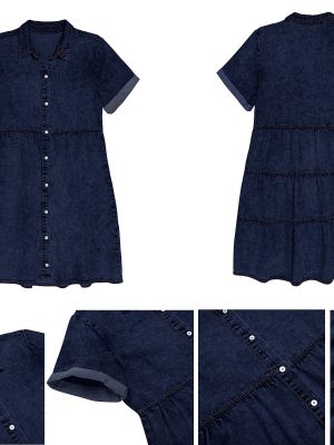 Women's Casual Short Sleeve Button Down Tiered Denim Babydoll Jean Dress