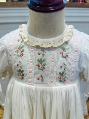 Girl Dress, Embroidered Floral Heirloom, Lace Crew Collar, Puff Sleeve, Cotton Kids Casual Clothing