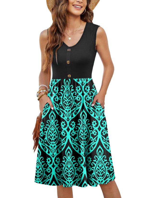 Women Summer Dresses Sleeveless Casual Loose Swing Button Down Midi Sundress with Pockets