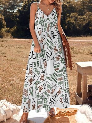 Mahjong Tiles Maxi Dress for Women Summer Casual Sleeveless V Neck Spaghetti Dresses