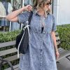 Denim Dress for Women Babydoll Tiered Short Sleeve Button Down Jean Shirt Dresses