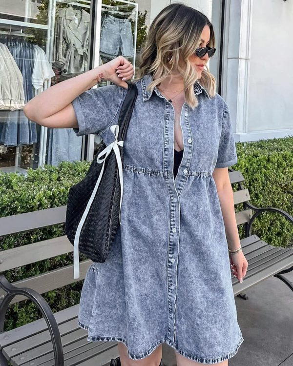 Denim Dress for Women Babydoll Tiered Short Sleeve Button Down Jean Shirt Dresses