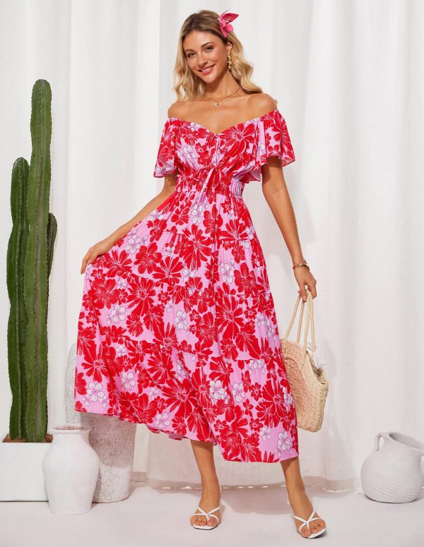 Womens 2025 Floral Summer V-Neck Ruffle Sleeve Empire Waist A-Line Casual Maxi Tiered Dress with Pockets